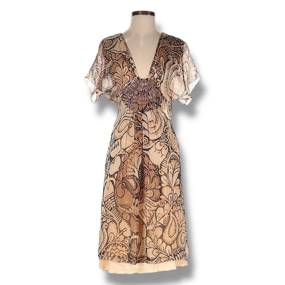 Alberta Ferretti Beaded Brown Print Silk Flutter Sleeve Boho Dress, Size 4